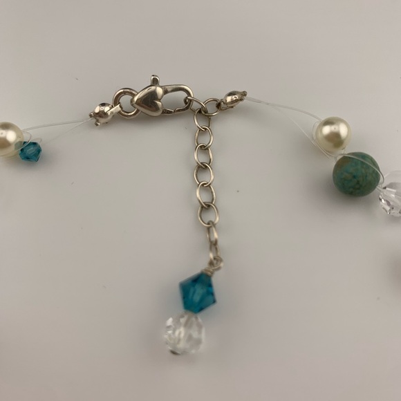 STERLING NECKLACE & EARRINGS SET FAUX PEARLS w BLUE STONE & GLASS BEADS 16-18" - Picture 4 of 9